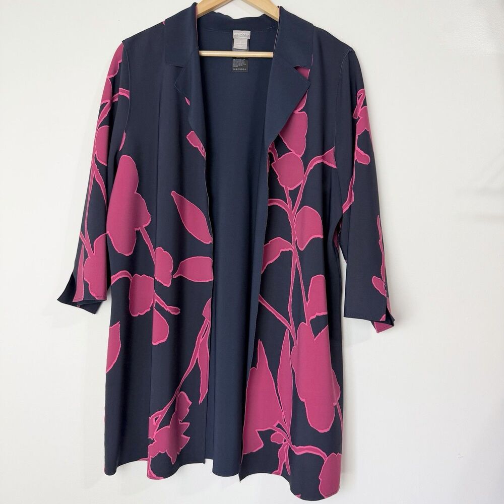 Chico’s Travelers Open Front Jacket Navy Pink Floral Women’s L 12/14 Chico’s 2